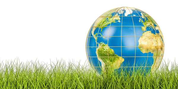 Ecologia concetto del mondo, globo terrestre sull'erba verde. Rendering 3D — Foto Stock