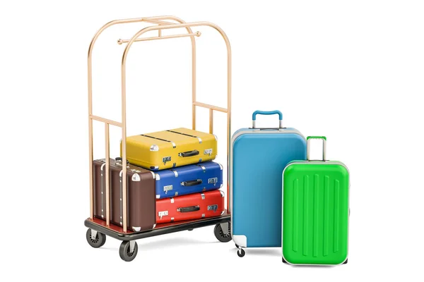 Luggage cart or hotel trolley with colored suitcases, 3D renderi — Stock Photo, Image