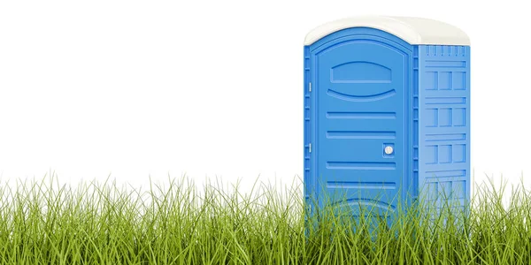 Toilet biru portabel di rumput hijau, konsep toilet eco. 3D — Stok Foto