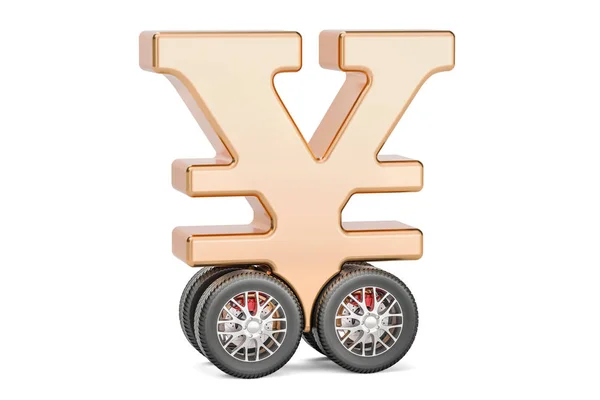 Símbolo de yen o yuan en las ruedas del coche, representación 3D —  Fotos de Stock