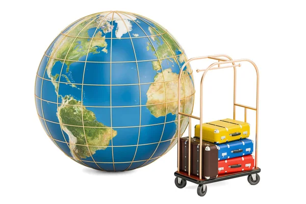 Globo terrestre e carrello dell'hotel con valigie colorate, rendering 3D — Foto Stock