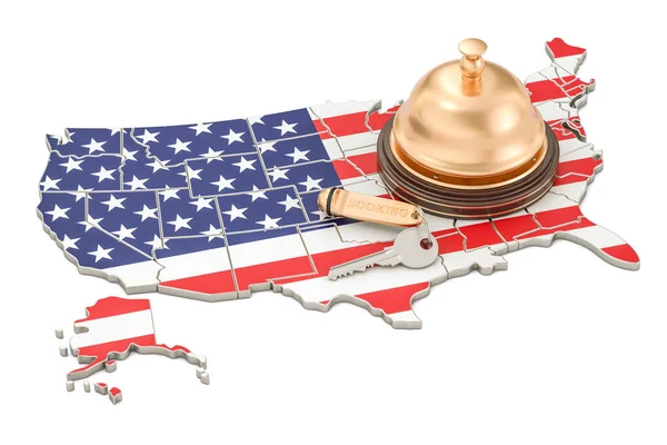 USA bokning koncept. Oss flagga med Hotel nyckel och receptionen bell, — Stockfoto