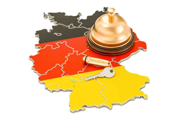 Koncepcja rezerwacji Niemcy. Niemiecką banderą z kluczy hotelowych i domowe — Zdjęcie stockowe