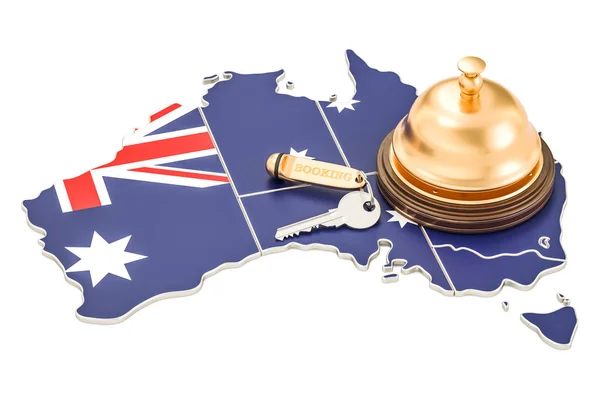 Australia concepto de reserva. Bandera australiana con llave del hotel y re — Foto de Stock