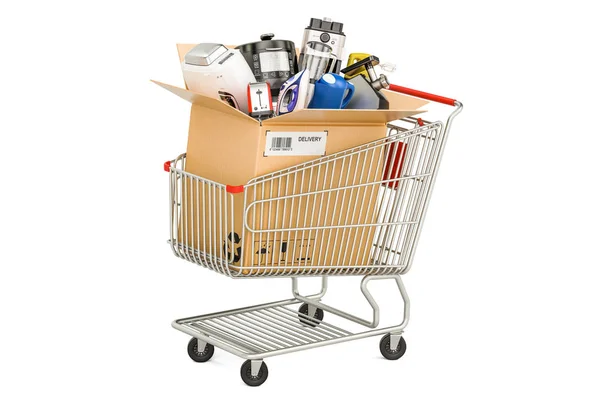 Kartonová krabice s domácích a kuchyňských spotřebičů v shopp — Stock fotografie