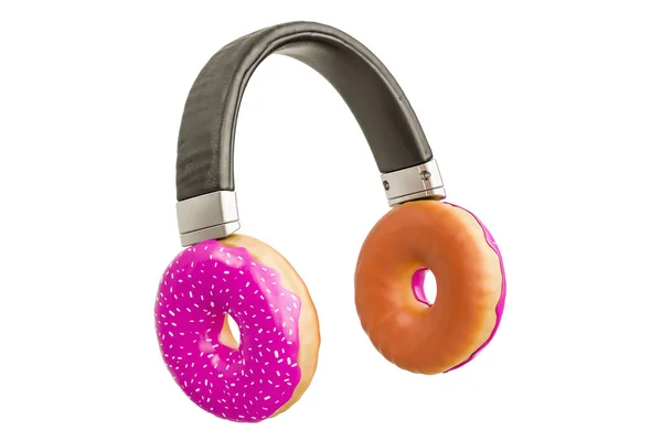 ピンクのドーナツは、甘い音楽のコンセプトとヘッドフォン。3 d レンダリング — ストック写真