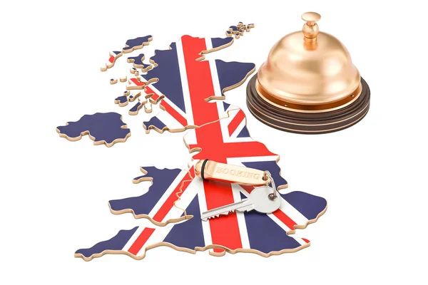 Uk Buchungskonzept. britische Flagge mit Hotelschlüssel und Rezeption — Stockfoto