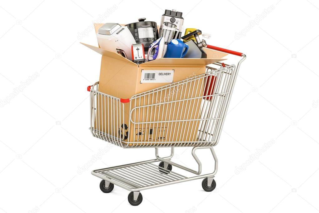 Cardboard box with household and kitchen appliances in the shopp