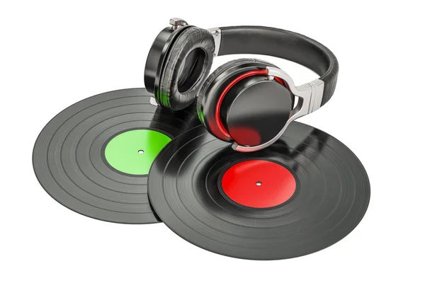 Auriculares con discos de vinilo, renderizado 3D — Foto de Stock