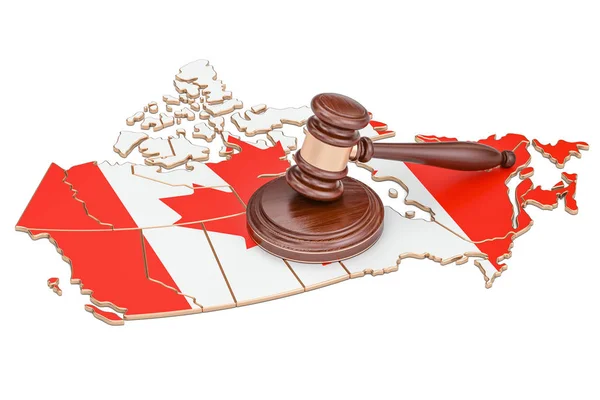 Martillo de madera en el mapa de Canadá, representación 3D —  Fotos de Stock