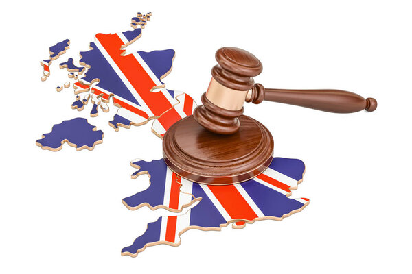 Wooden Gavel on map of United Kingdom, 3D rendering