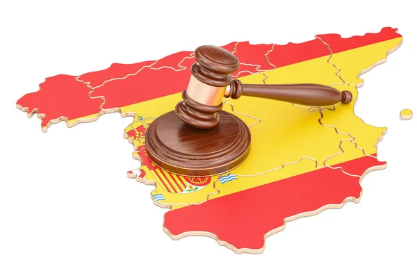 Gavel di legno sulla mappa di Spagna, rendering 3D — Foto Stock