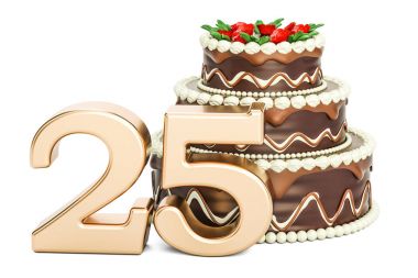 Çikolatalı doğum günü pastası ile altın sayı 25, 3d render