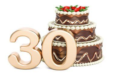 Çikolatalı doğum günü pastası ile altın sayı 30, 3d render