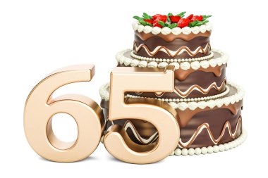 Çikolatalı doğum günü pastası ile altın sayı 65, 3d render