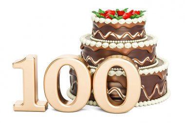 Çikolatalı doğum günü pastası ile altın sayı 100, 3d render