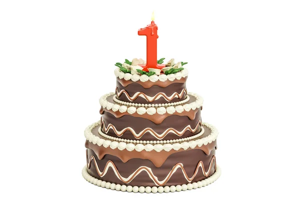 Torta di compleanno al cioccolato con candela numero 1, rendering 3D — Foto Stock