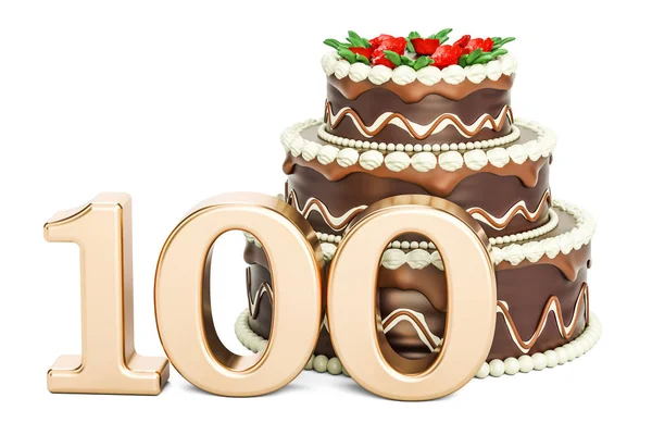 Gâteau d'anniversaire au chocolat avec numéro d'or 100, rendu 3D — Photo