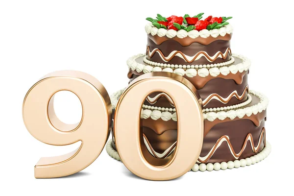 Czekoladowy tort urodzinowy z złoty numer 90, renderowania 3d — Zdjęcie stockowe