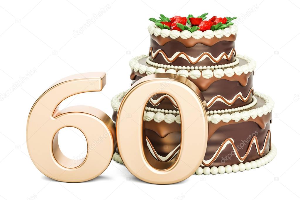Chocolate Birthday cake with golden number 60, 3D rendering