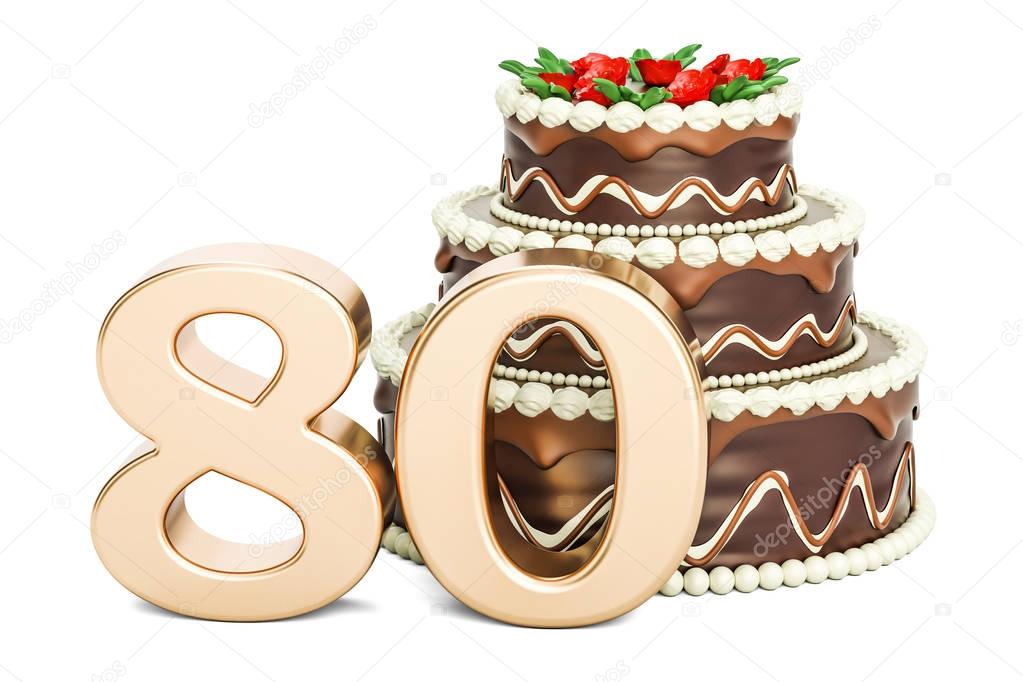 Chocolate Birthday cake with golden number 80, 3D rendering