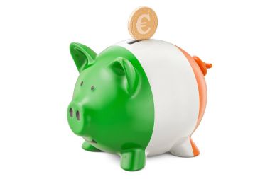 Investments in Ireland. Piggy bank with flag and golden euro coi clipart