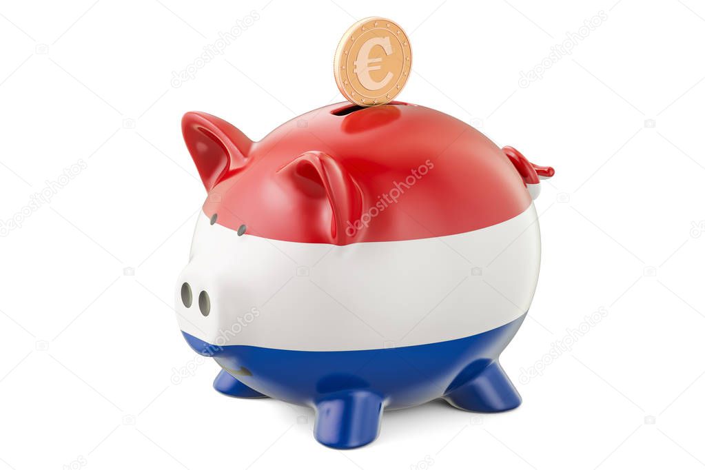 Investments in Netherlands. Piggy bank with flag and golden euro