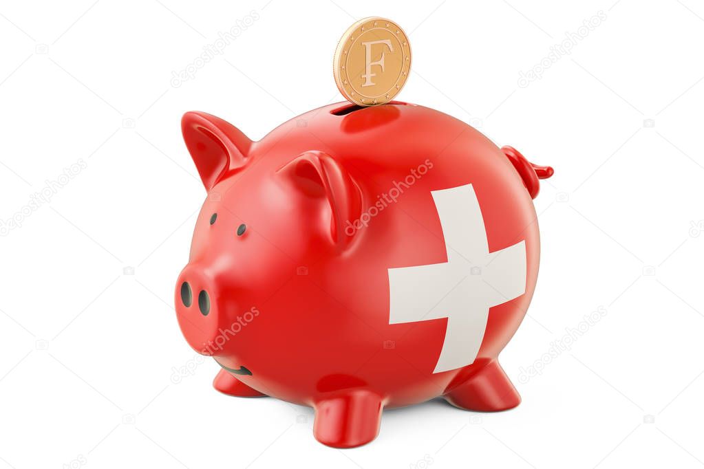 Investments in Switzerland. Piggy bank with flag and golden fran
