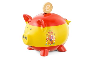 İspanya ve altın euro para bayrağı ile Piggy banka. Yatırımlar 
