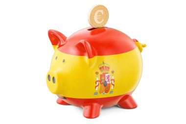 Piggy bank with flag of Spain and golden euro coin. Investments  clipart
