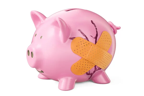 Banco piggy quebrado com gesso adesivo, renderização 3D — Fotografia de Stock