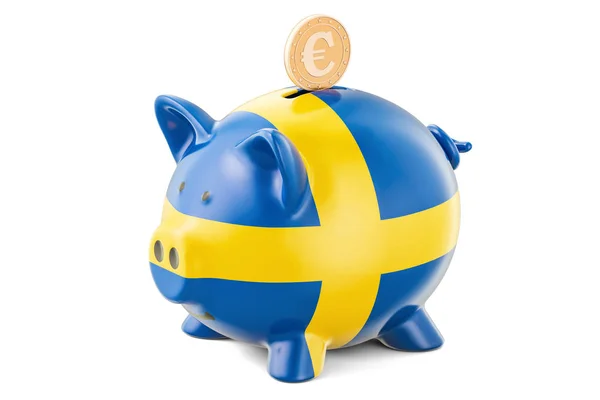 Hucha con bandera de Suecia y moneda de oro en euros. Inversiones — Foto de Stock