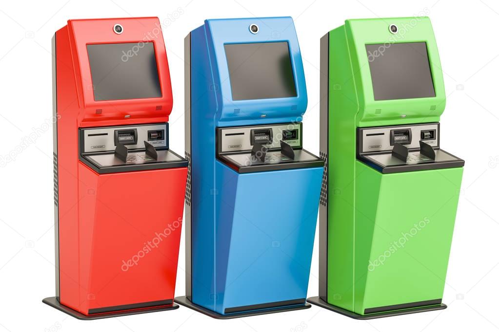 Digital touchscreen terminals. Financial services kiosks, 3D ren