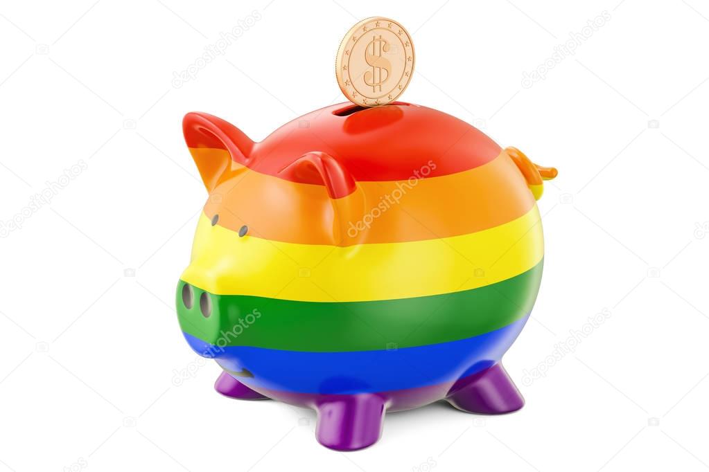 Piggy bank with rainbow flag and golden coin, 3D rendering