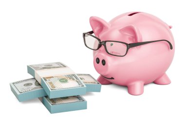 Kumbara Doları paketleri, 3d render ile gözlük takıyor