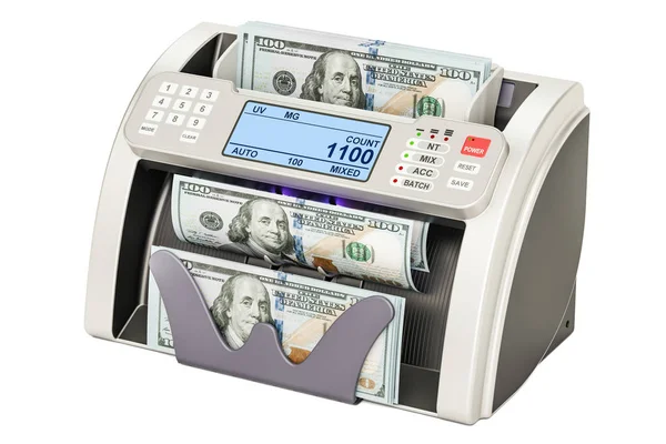 Máquina contadora de dinero con dólares, renderizado 3D — Foto de Stock
