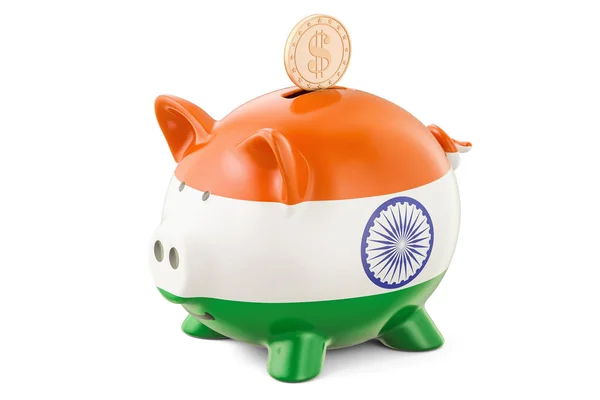 Piggy bank India és arany dollár érme zászlaja. Befektetési — Stock Fotó