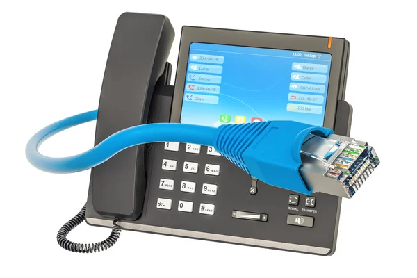 Concepto de comunicación. Teléfono IP con cable lan, renderizado 3D —  Fotos de Stock