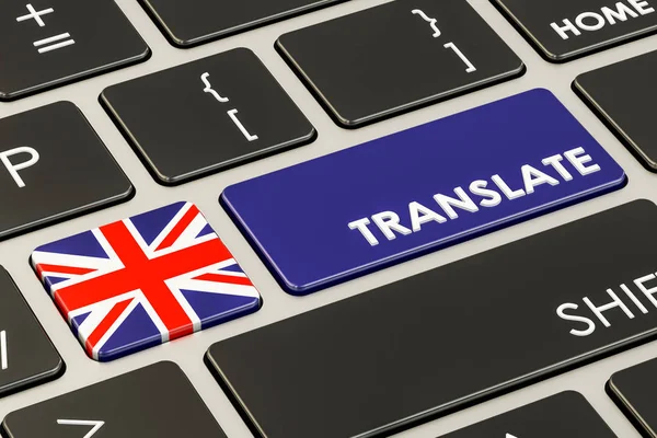 Traducir concepto en teclado con bandera británica, representación 3D — Foto de Stock