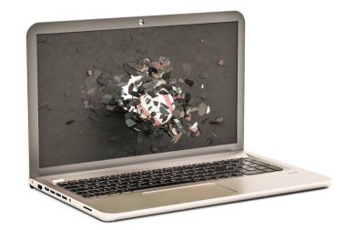 Kırık laptop, 3d monitör uçan beyzbol topu render