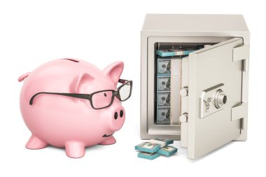 Kasa doları paketleri ve kumbara, 3d render ile