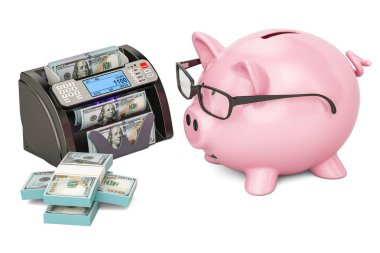 Para sayma makinesi ile dolar ve kumbara, 3d render