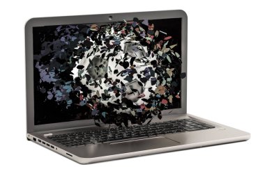 Futbol topu laptop, kırık monitör uçan 3d renderin