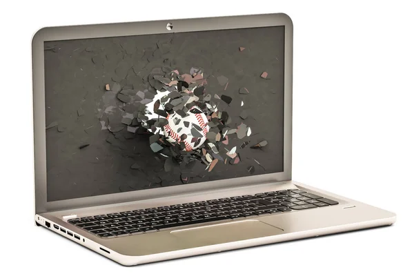 Balle de baseball volant à travers le moniteur cassé de l'ordinateur portable, rendu 3D — Photo