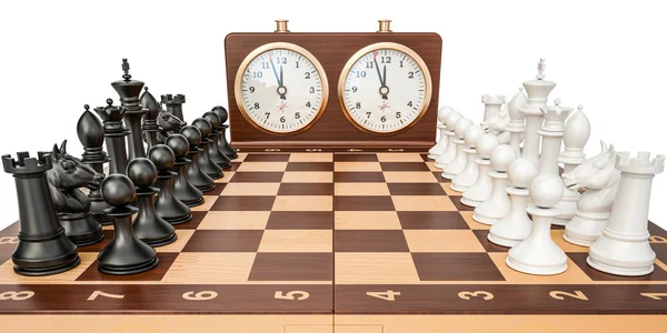 Checkerboard with figures and chess clock, 3D rendering — Stock Photo, Image