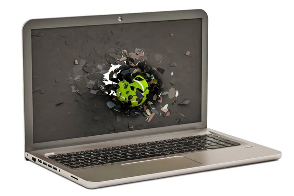 Bola de tênis voando através do monitor quebrado do laptop, renderin 3D — Fotografia de Stock
