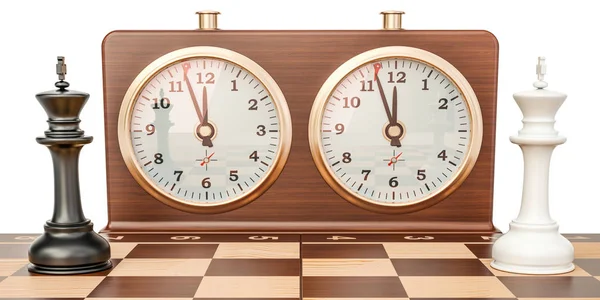 Checkerboard with kings and chess clock, confrontation concept. — Stock Photo, Image