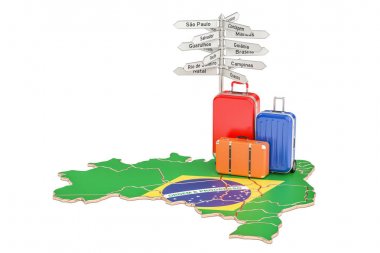 Brezilya seyahat kavramı. Brezilya haritası üzerindeki tabelasını ile bavul,