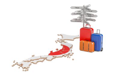 Japonya seyahat kavramı. Bavul tabelasını Japon haritada, 3 ile
