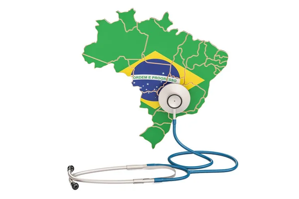 巴西地图与听诊器，国家卫生保健的概念，3d — 图库照片